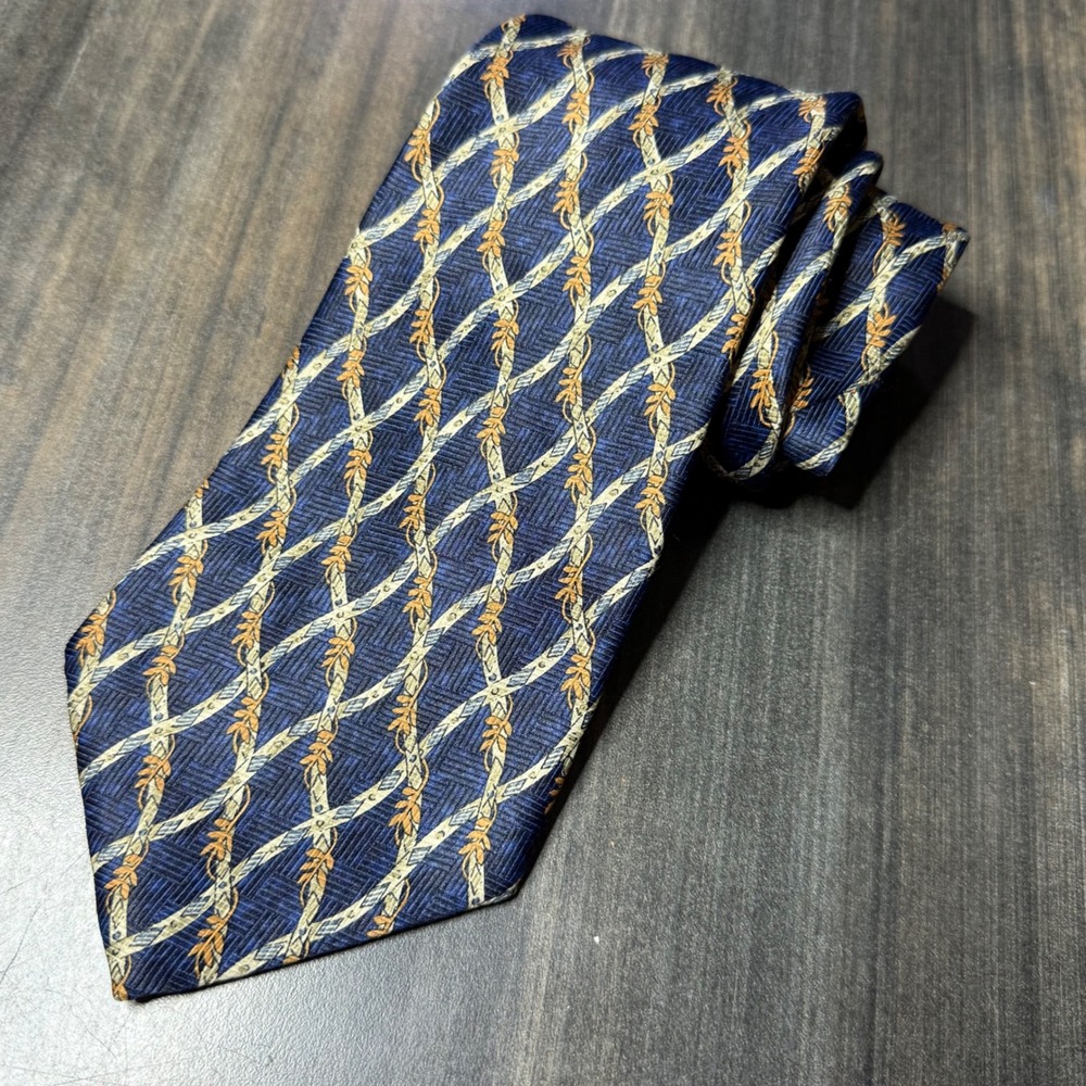 Ketch Mens Necktie Blue Gold Rope Leaf Pattern Business Casual‎